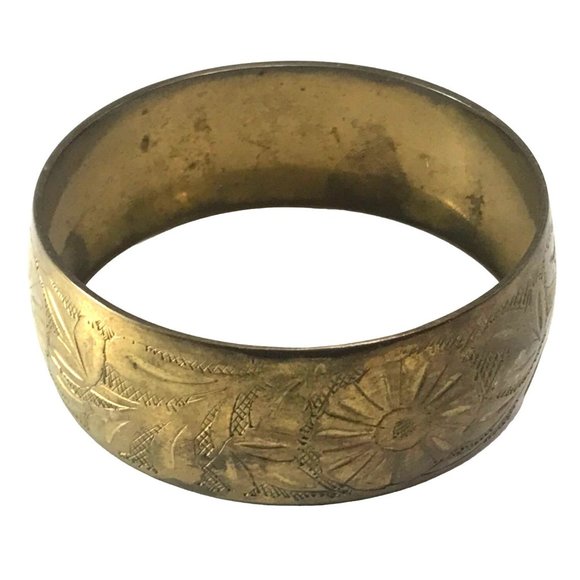 Vintage Wide Brass Bangle Bracelet with Etched Floral Daisy or Sunflower Design - Picture 2 of 5